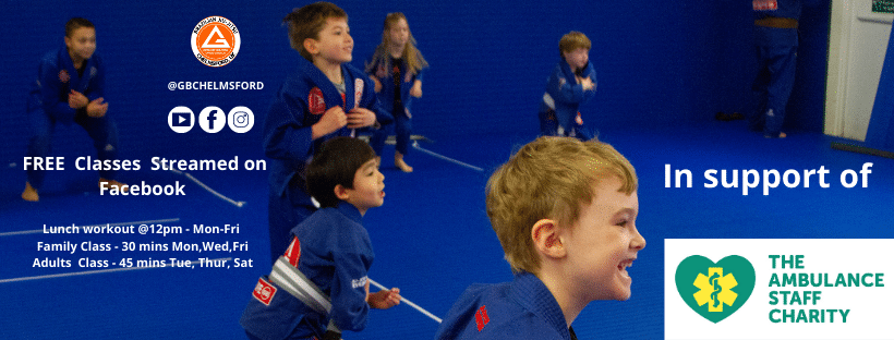 Kids and adults participating in Brazilian Jiu-Jitsu classes in a blue training space, promoting free online classes on Facebook, supporting The Ambulance Staff Charity.